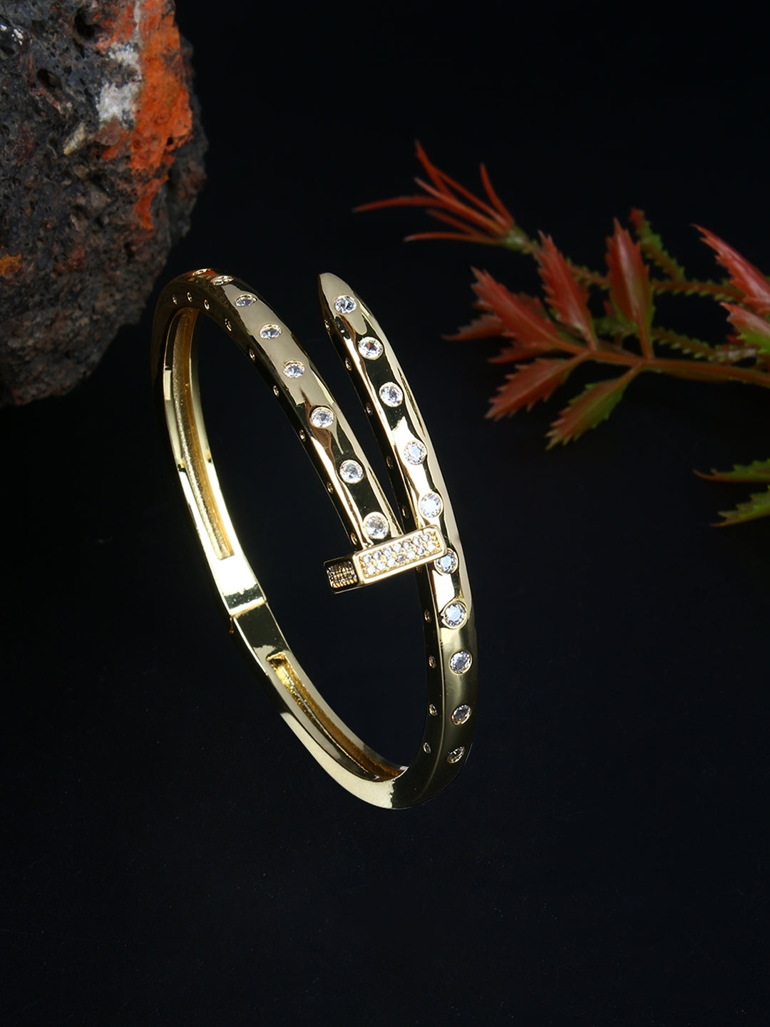 Gold-Plated Gold & Transparent Cubic Zirconia Studded Bangle-Style Brass Slip-On Bracelet