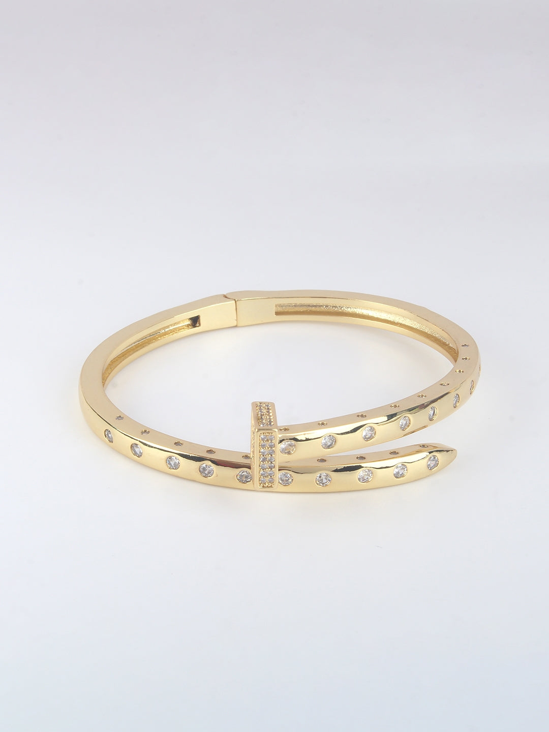 Gold-Plated Gold & Transparent Cubic Zirconia Studded Bangle-Style Brass Slip-On Bracelet