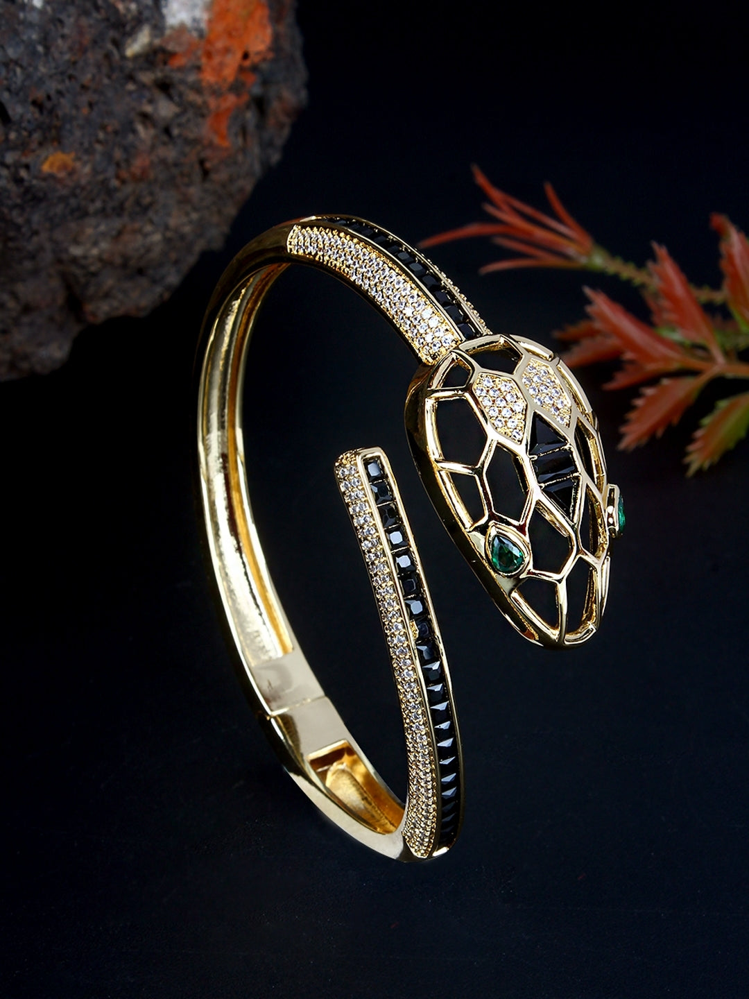 Gold-Plated Gold & Transparent Cubic Zirconia Studded Bangle-Style Brass Slip-On Bracelet