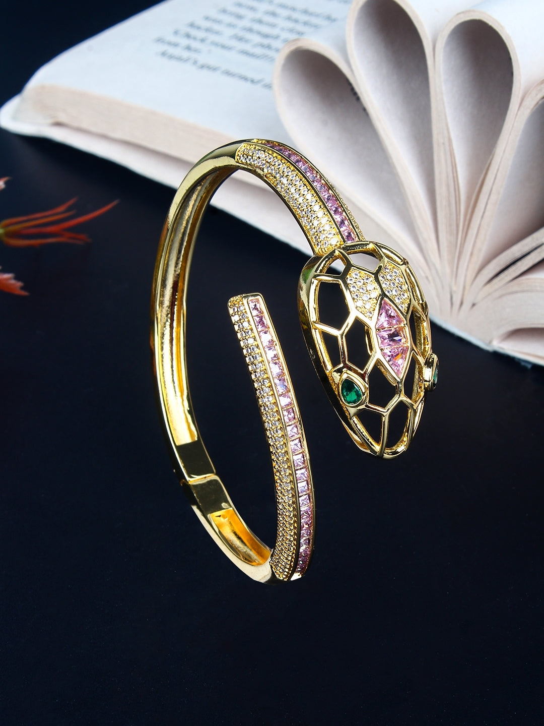 Gold-Plated Gold & Pink Cubic Zirconia Studded Bangle-Style Brass Slip-On Bracelet