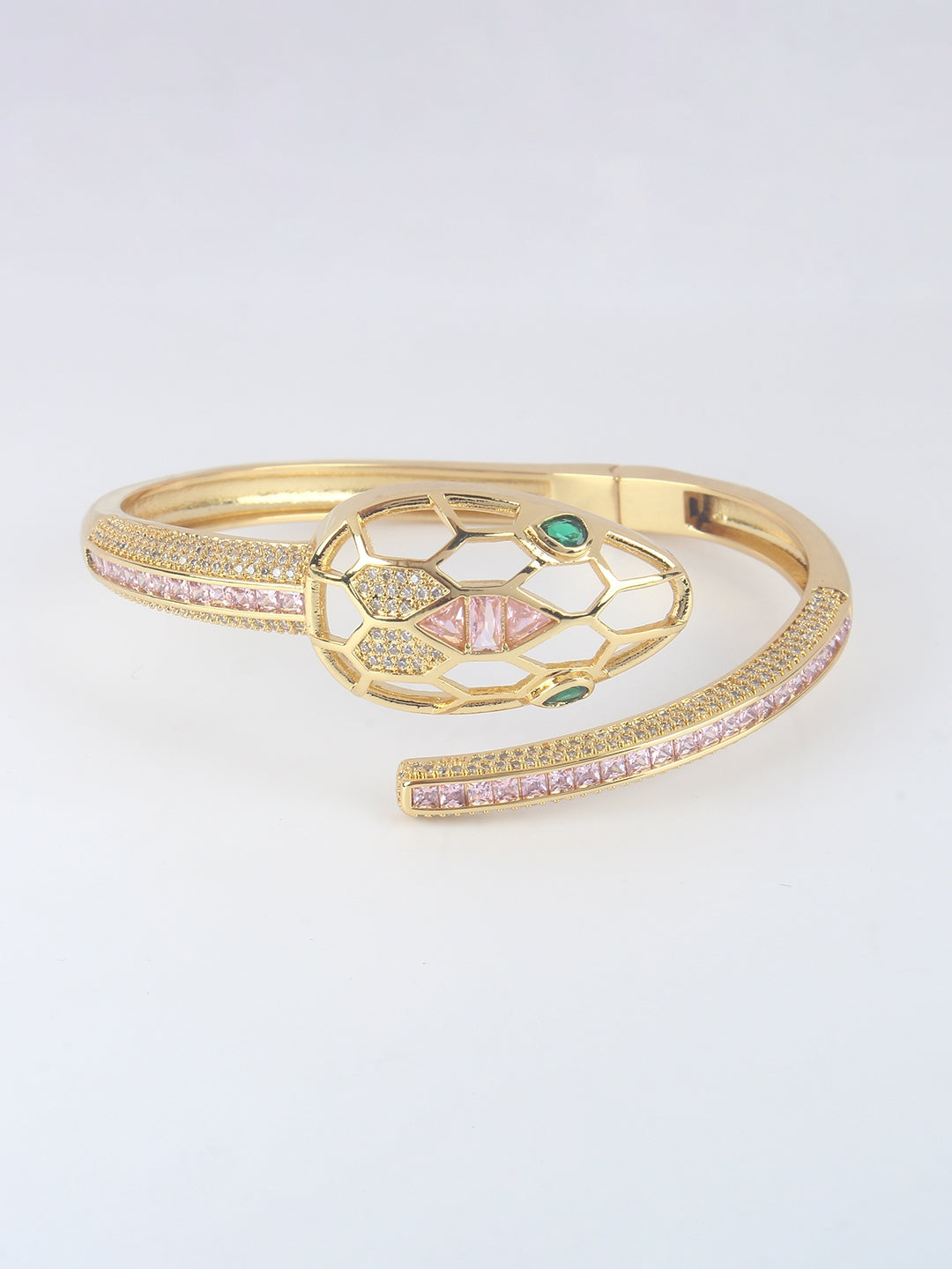 Gold-Plated Gold & Pink Cubic Zirconia Studded Bangle-Style Brass Slip-On Bracelet