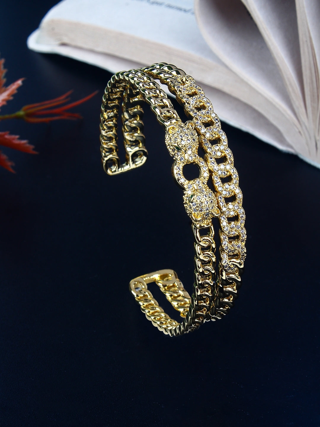 Gold-Plated Gold & Transparent Cubic Zirconia Studded Bangle-Style Brass Slip-On Bracelet