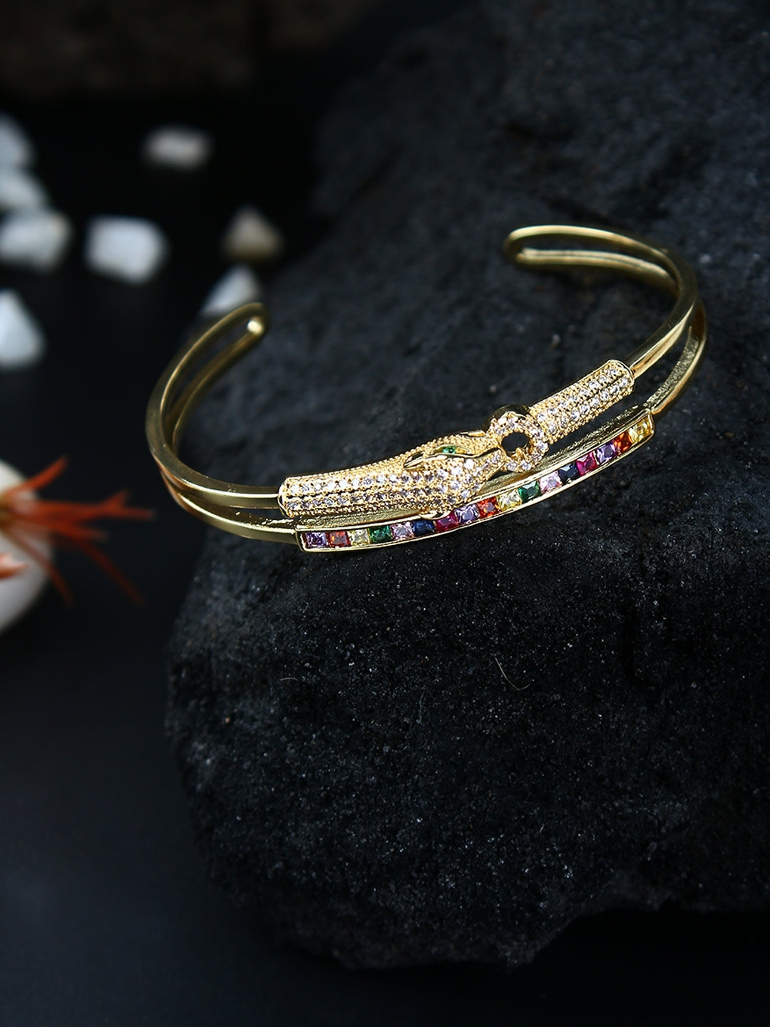 Gold-Plated Gold & Transparent Cubic Zirconia Studded Bangle-Style Brass Slip-On Bracelet