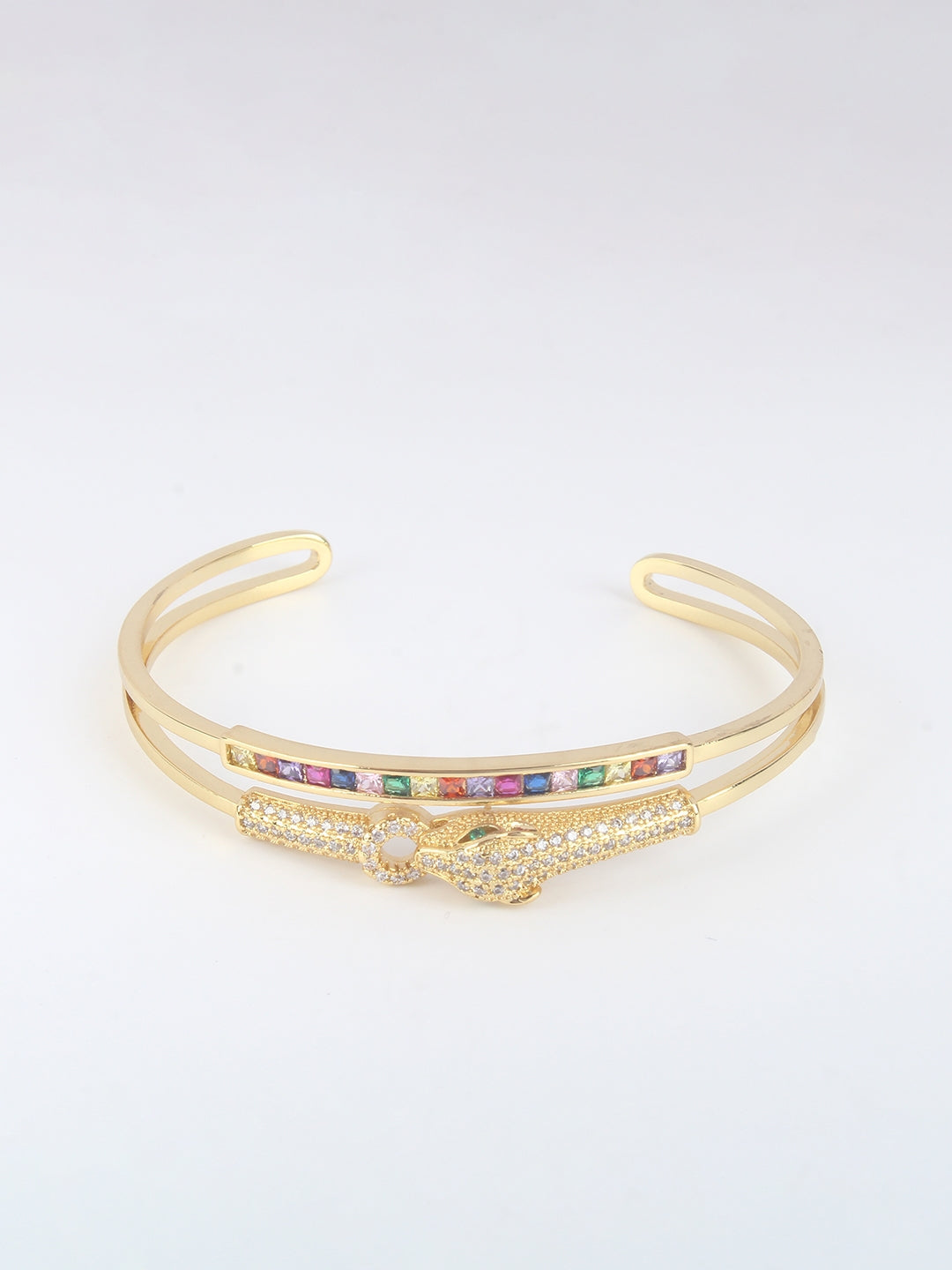 Gold-Plated Gold & Transparent Cubic Zirconia Studded Bangle-Style Brass Slip-On Bracelet