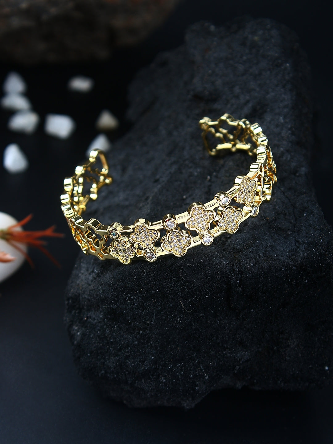 Gold-Plated Gold & Transparent Cubic Zirconia Studded Bangle-Style Brass Slip-On Bracelet