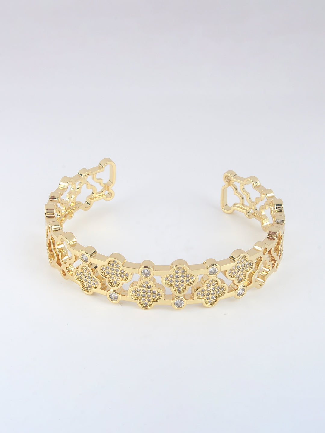 Gold-Plated Gold & Transparent Cubic Zirconia Studded Bangle-Style Brass Slip-On Bracelet