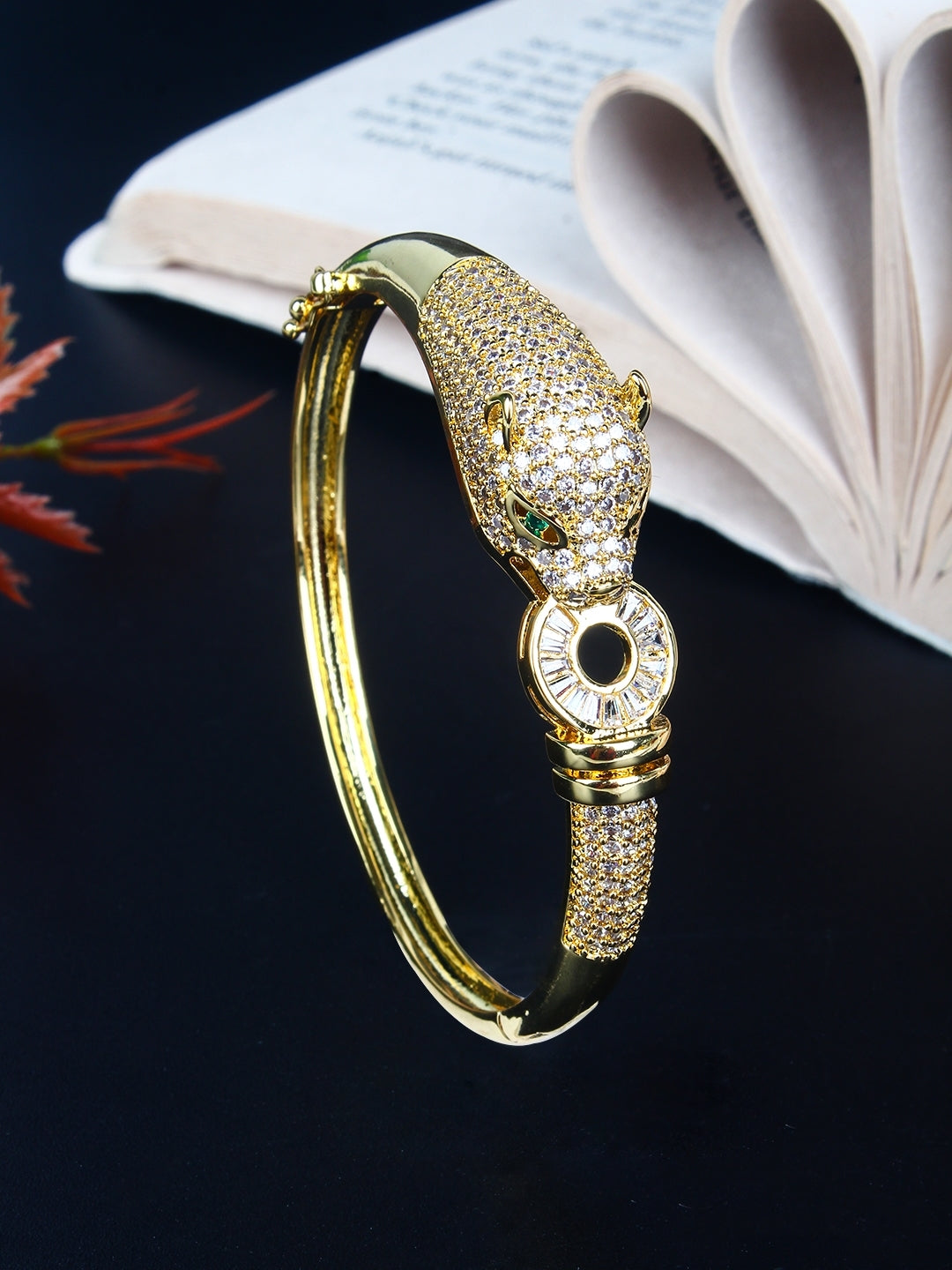 Gold-Plated Gold & Transparent Cubic Zirconia Studded Bangle-Style Brass Slip-On Bracelet