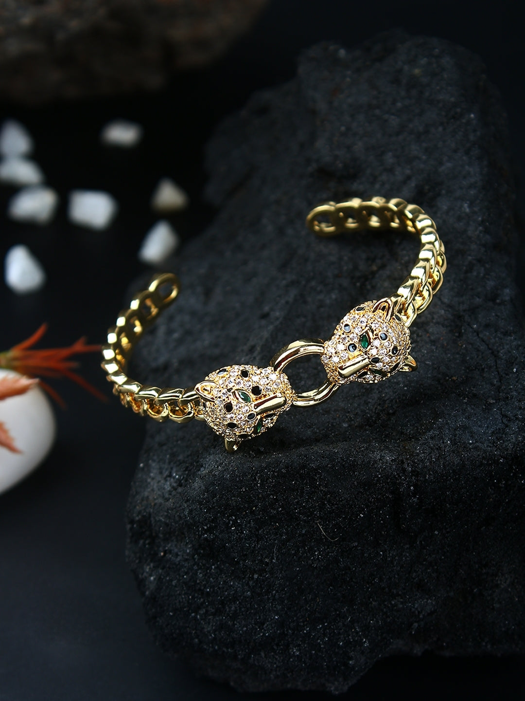 Gold-Plated Gold & Transparent Cubic Zirconia Studded Bangle-Style Brass Slip-On Bracelet