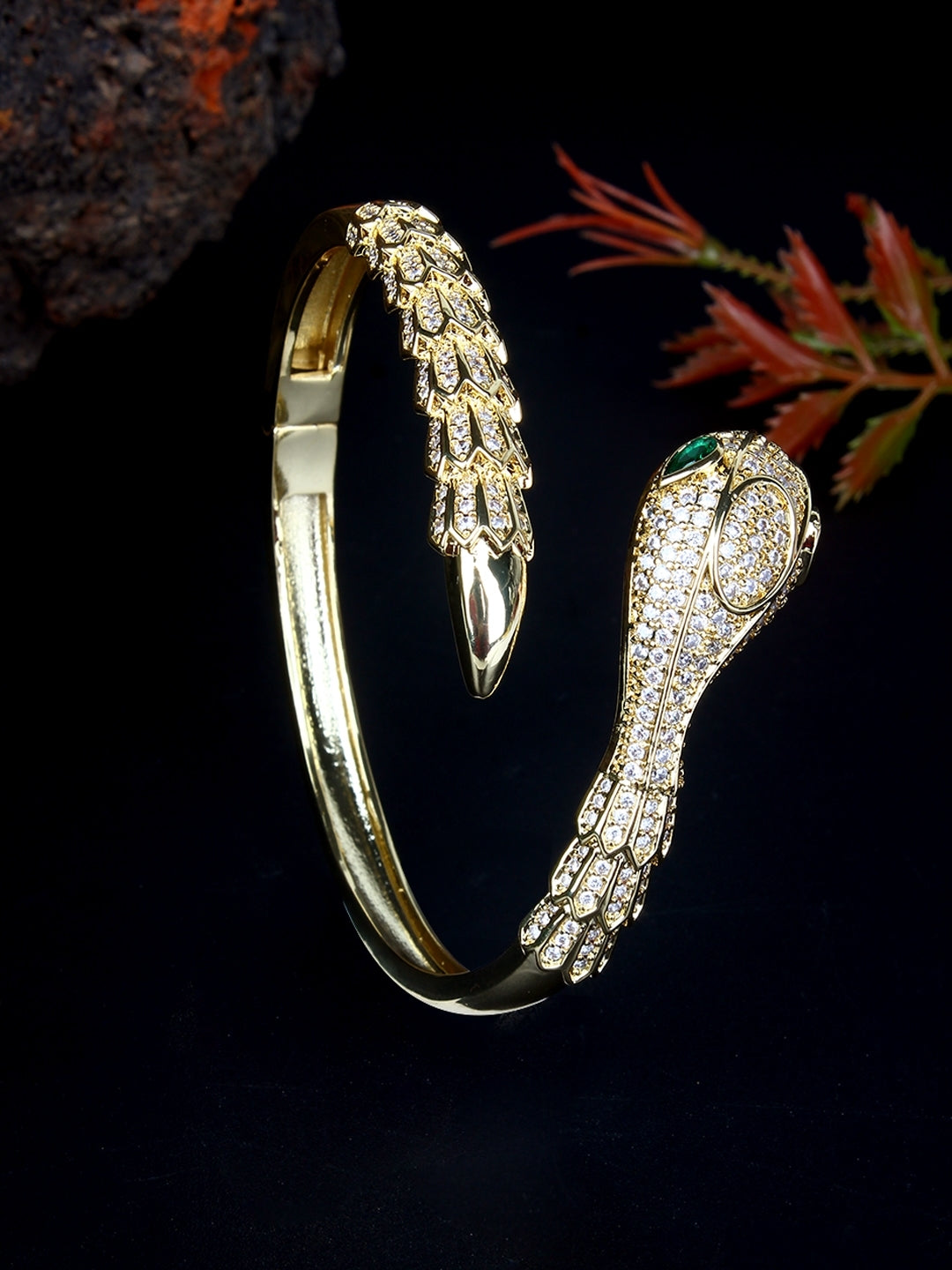 Gold-Plated Gold & Transparent Cubic Zirconia Studded Bangle-Style Brass Slip-On Bracelet