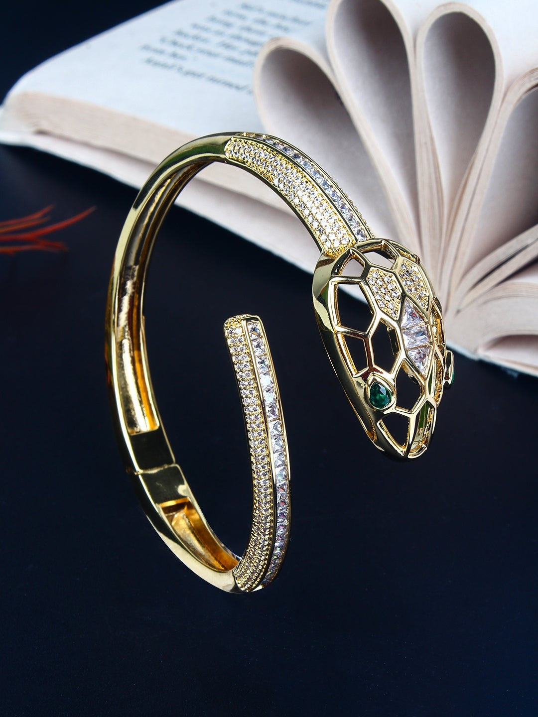 Gold-Plated Gold & Transparent Cubic Zirconia Studded Bangle-Style Brass Slip-On Bracelet