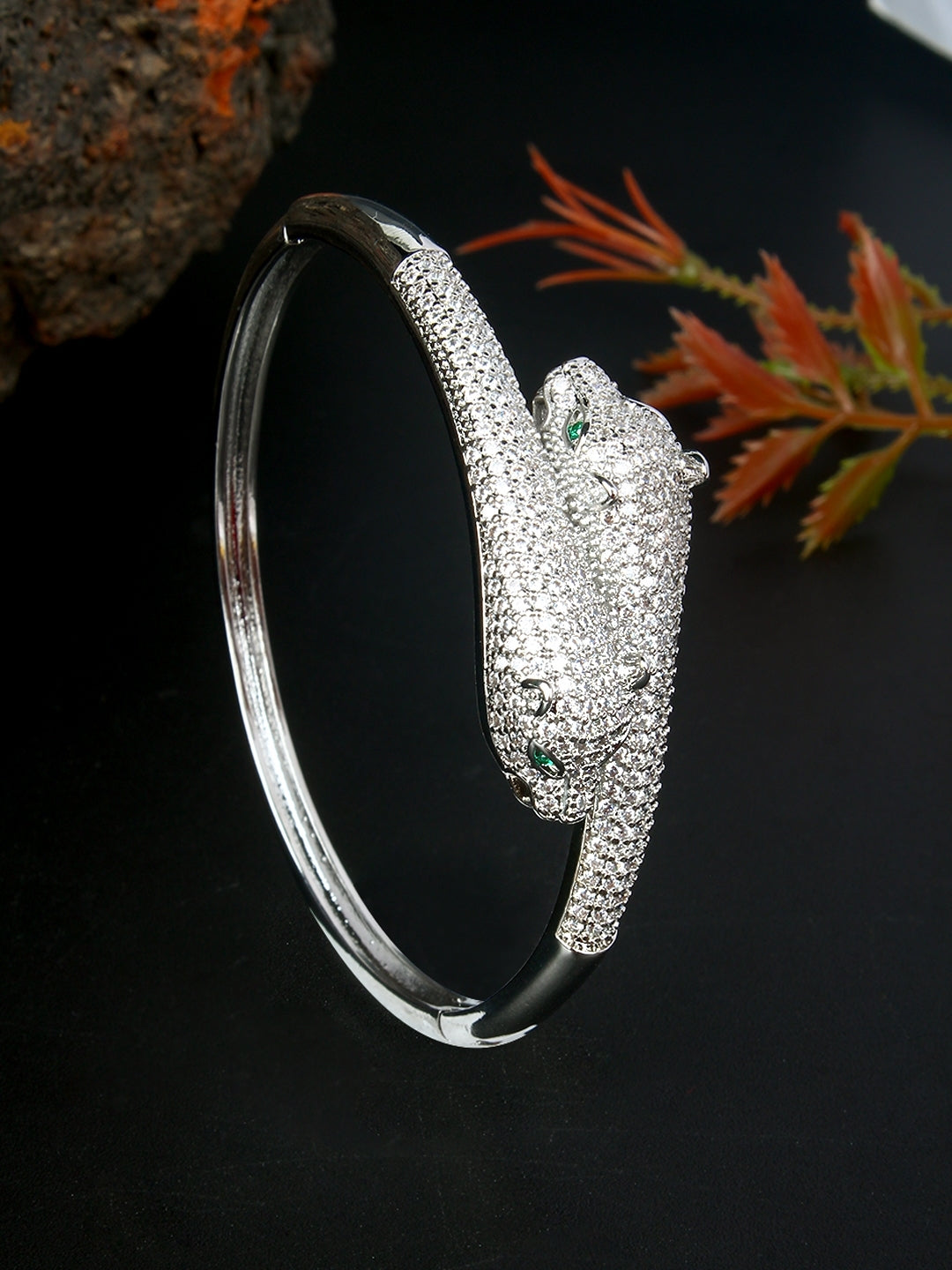 Silver-Plated Silver & Transparent Cubic Zirconia Studded Bangle-Style Brass Slip-On Bracelet