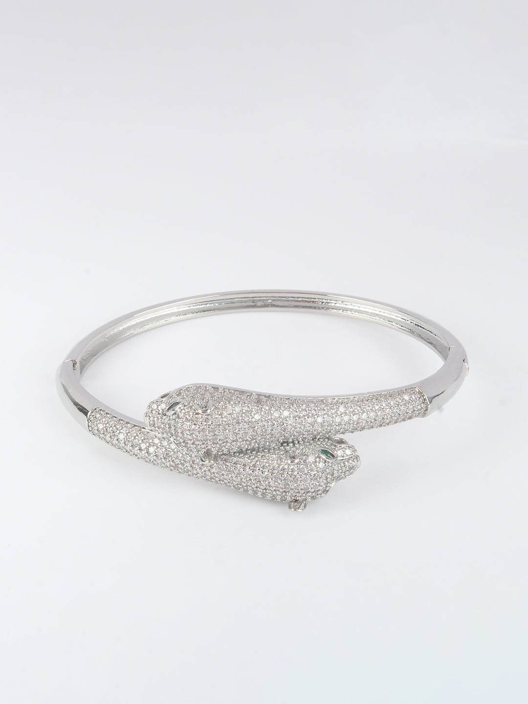 Silver-Plated Silver & Transparent Cubic Zirconia Studded Bangle-Style Brass Slip-On Bracelet