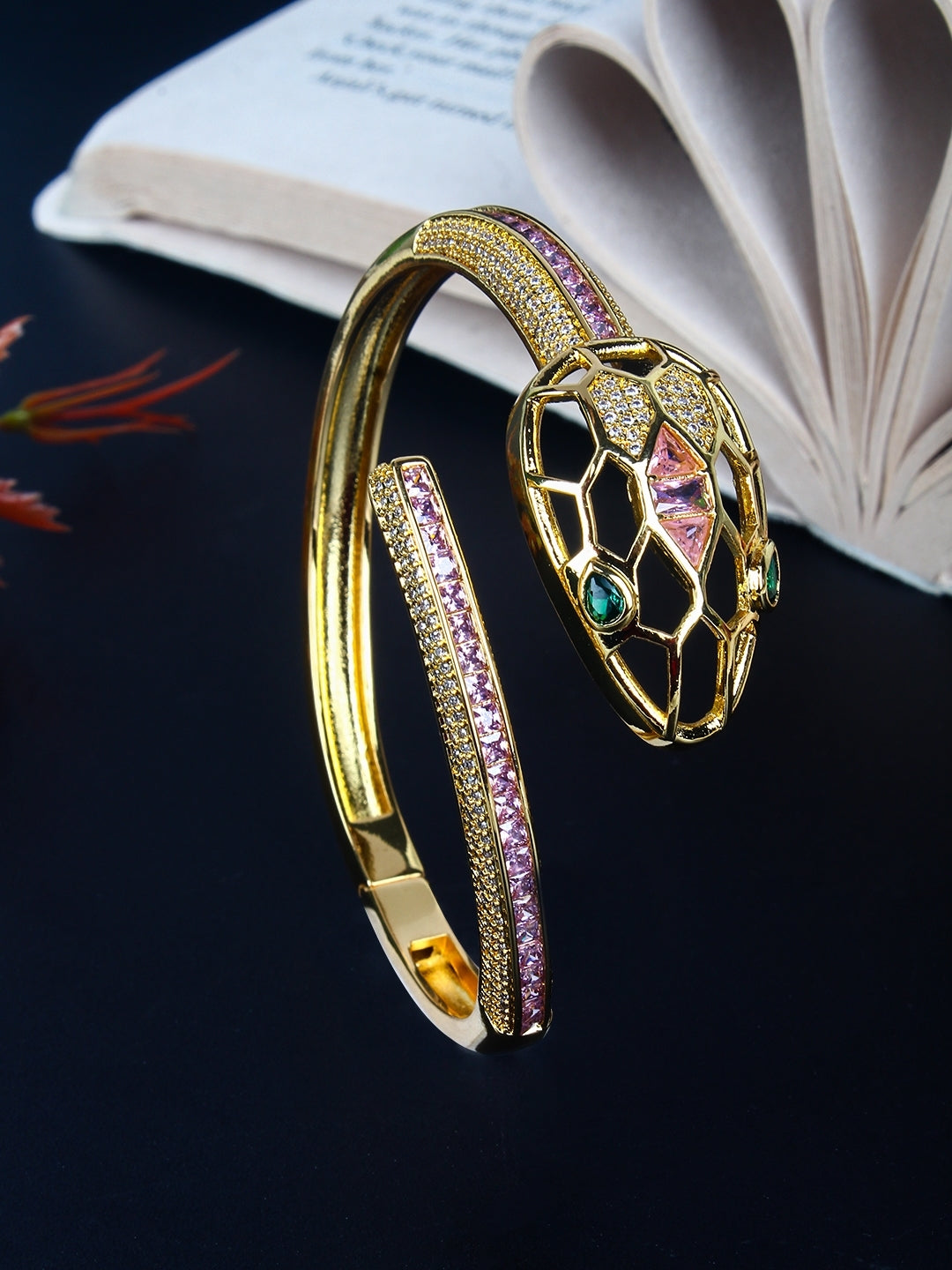 Gold-Plated Gold & Pink Cubic Zirconia Studded Bangle-Style Brass Slip-On Bracelet