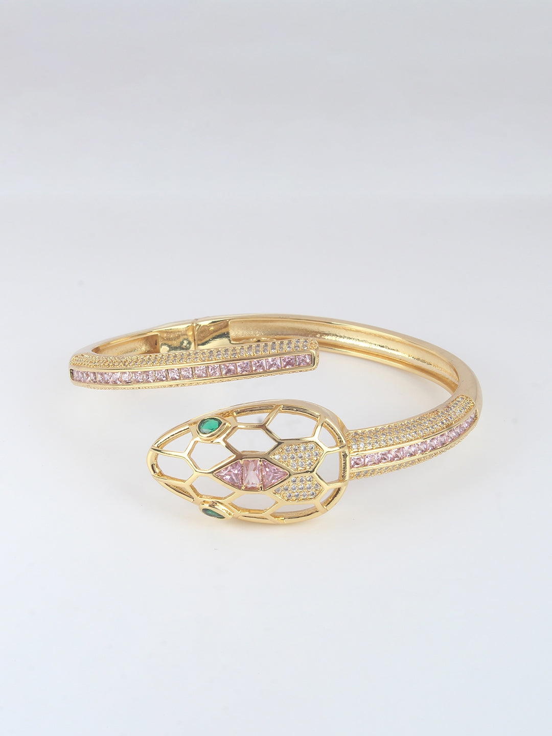 Gold-Plated Gold & Pink Cubic Zirconia Studded Bangle-Style Brass Slip-On Bracelet