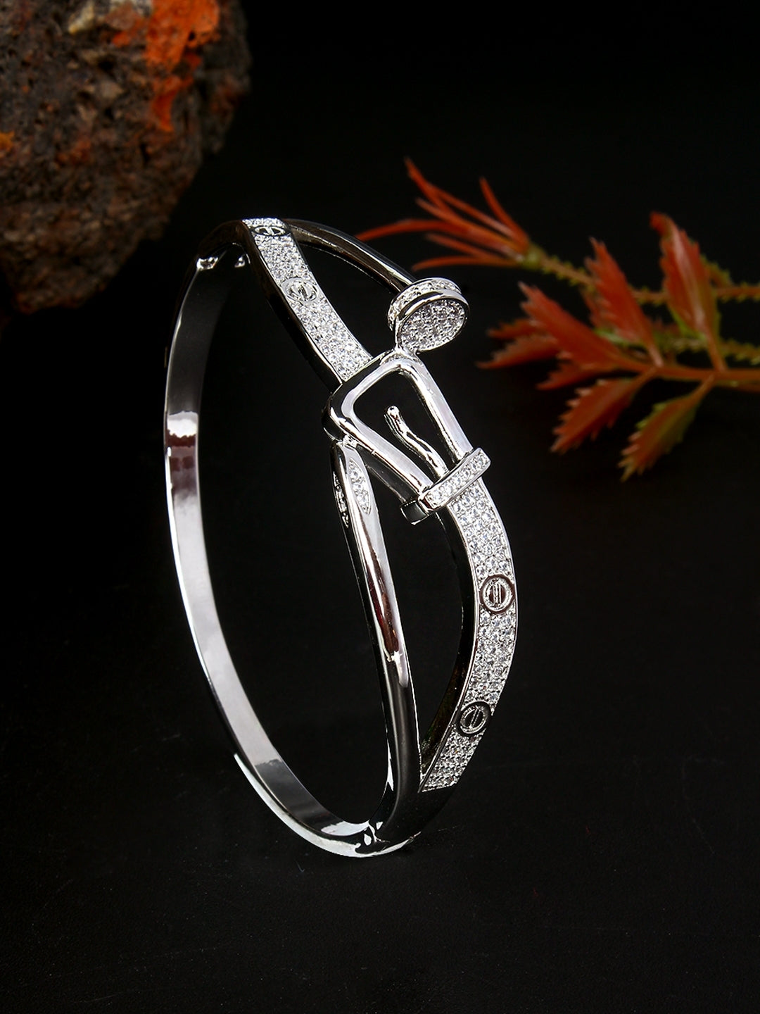 Silver-Plated Silver & Transparent Cubic Zirconia Studded Bangle-Style Brass Slip-On Bracelet