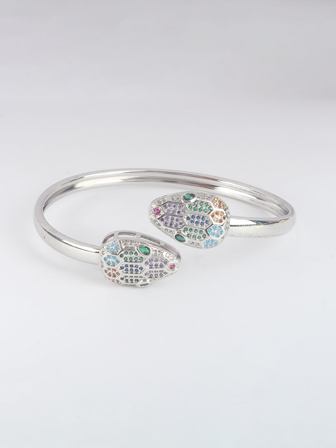 Silver-Plated Silver & Transparent Cubic Zirconia Studded Bangle-Style Brass Slip-On Bracelet