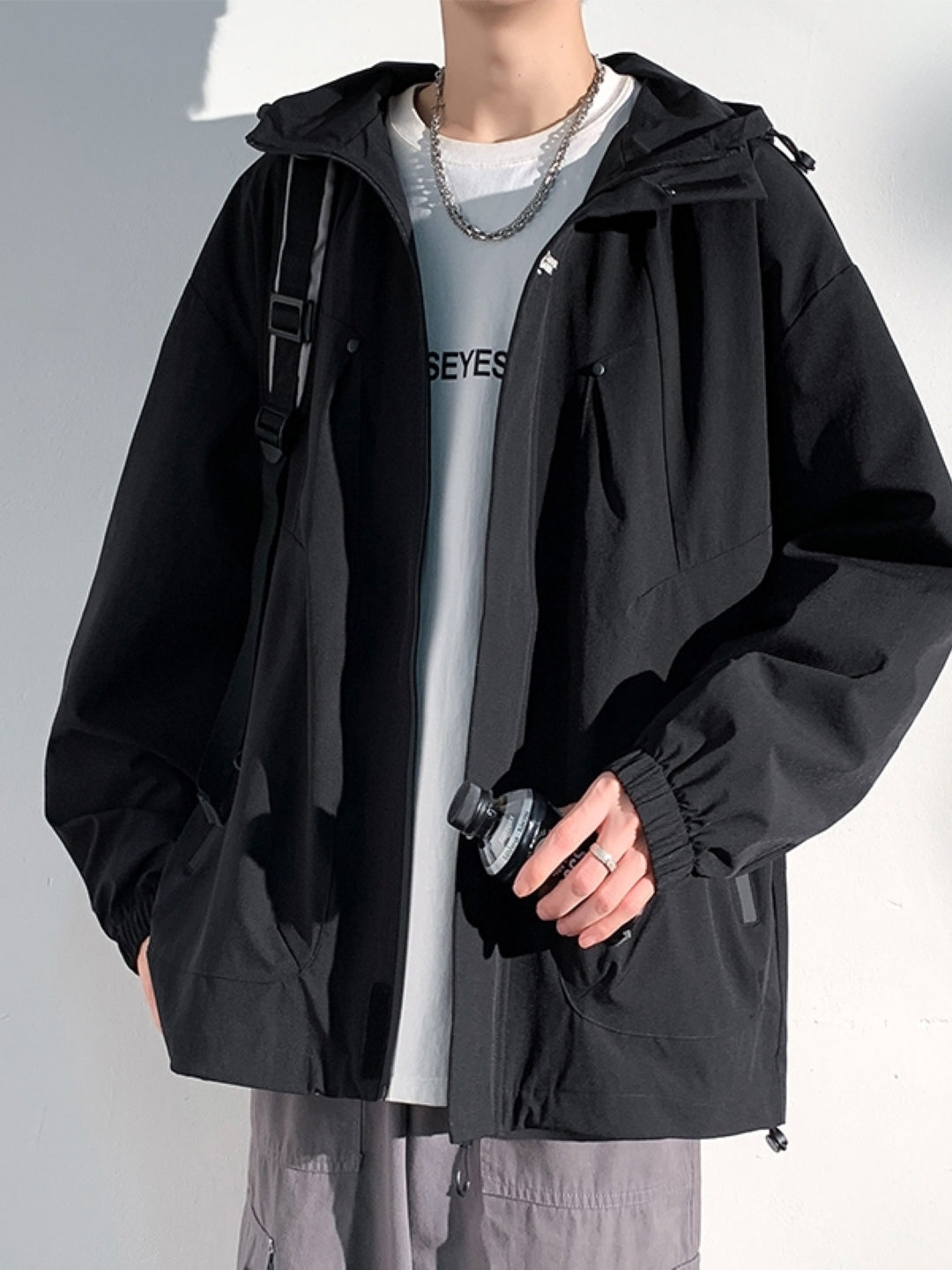 Black Mock Collar Long Sleeves Printed Polyester Open Front Jacket