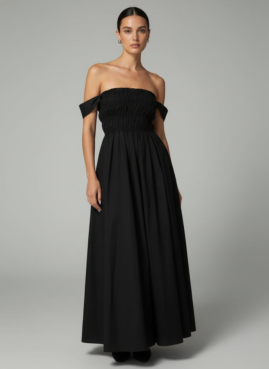 Black Off-Shoulder A-Line Maxi Dress
