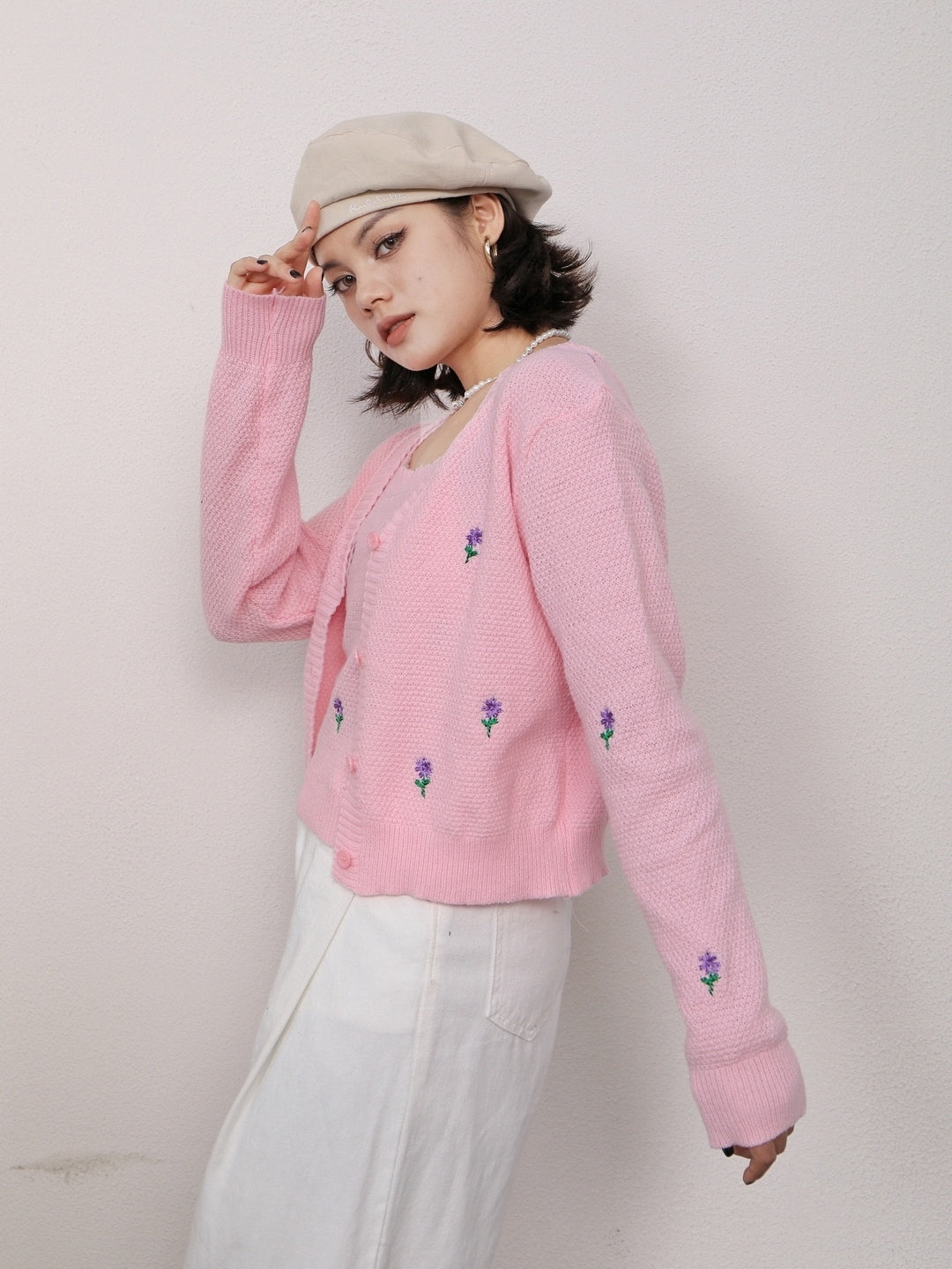 Pink Acrylic V-Neck Long Sleeves Abstract Top