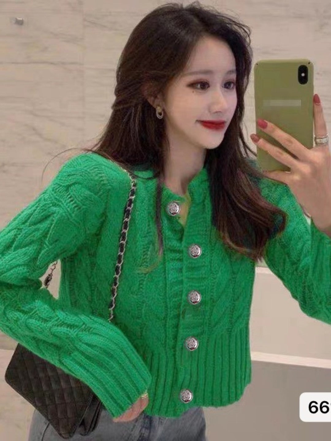 Green Acrylic V-Neck Long Sleeves Solid Top