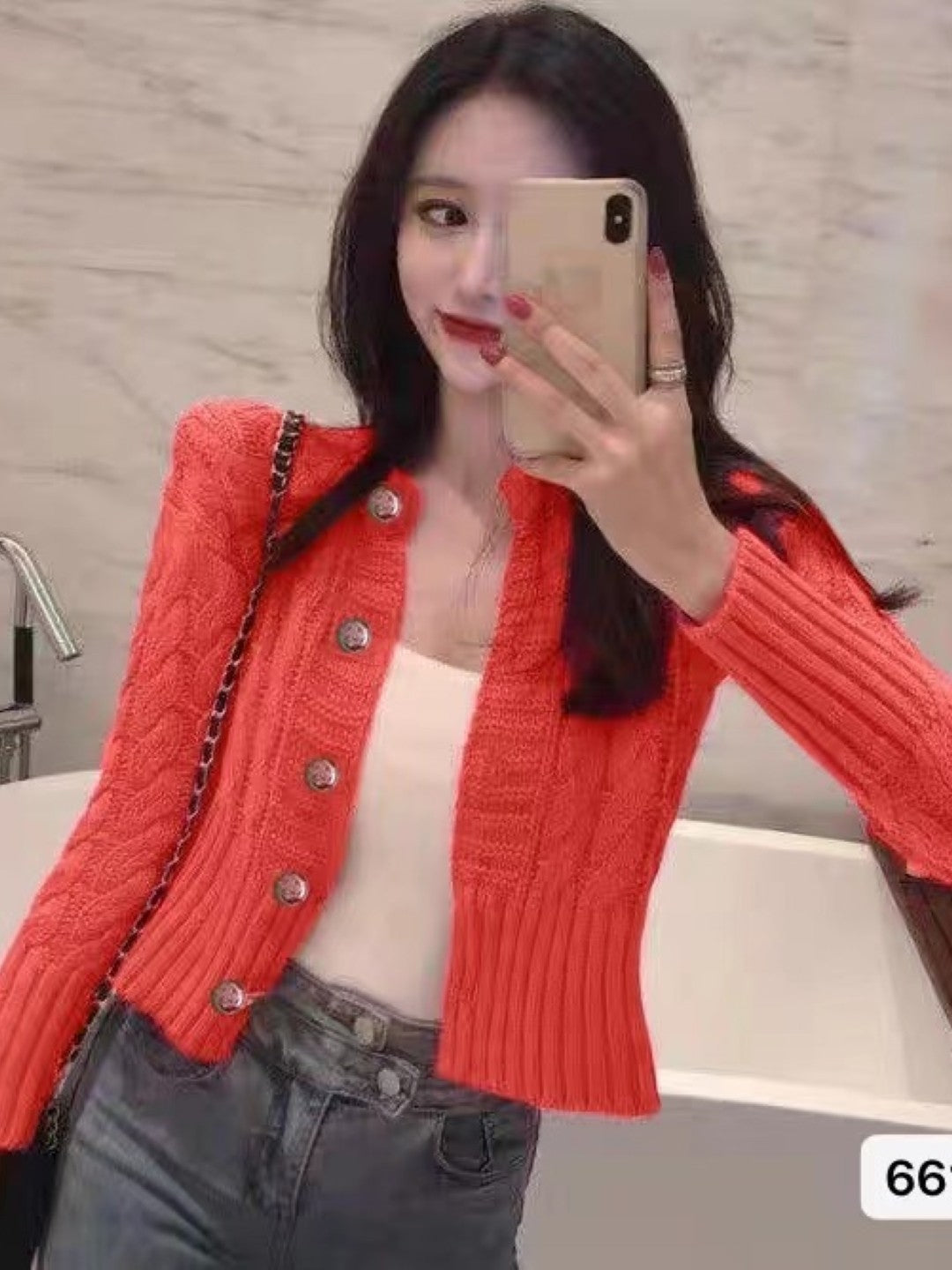 Red Acrylic V-Neck Long Sleeves Solid Top