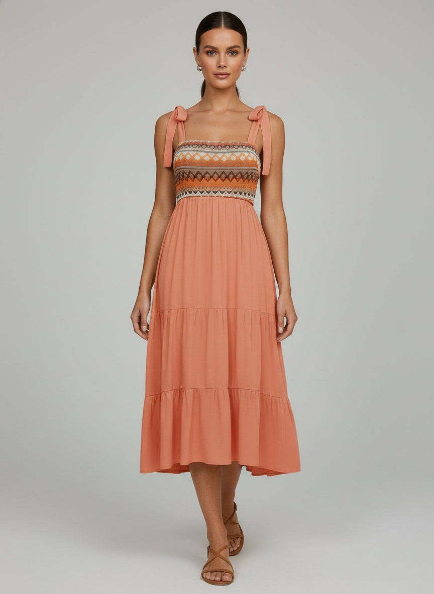 Peach Print A-Line Midi Dress