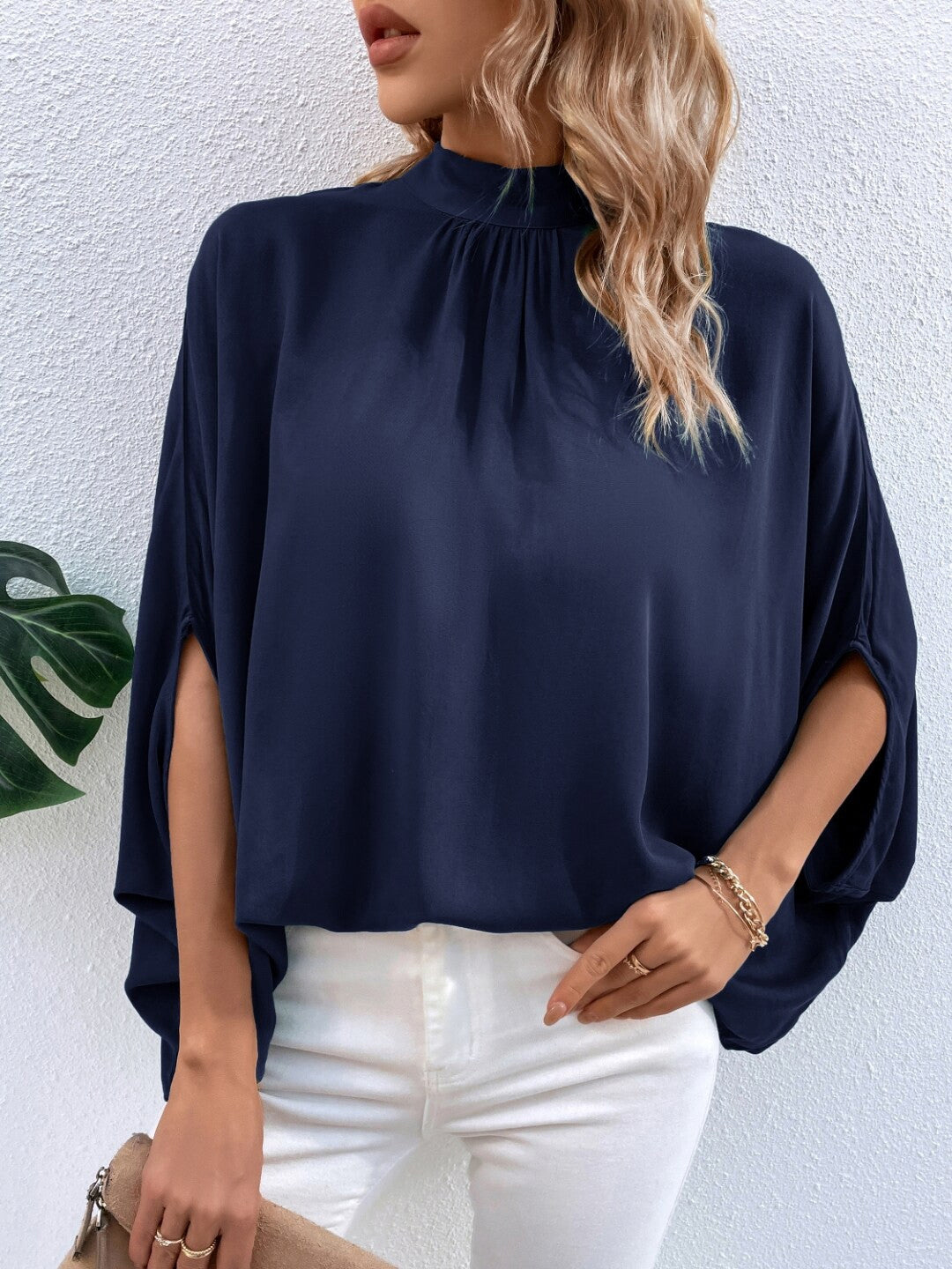 Navy Blue Round Neck Solid Long Sleeves Viscose Rayon Top