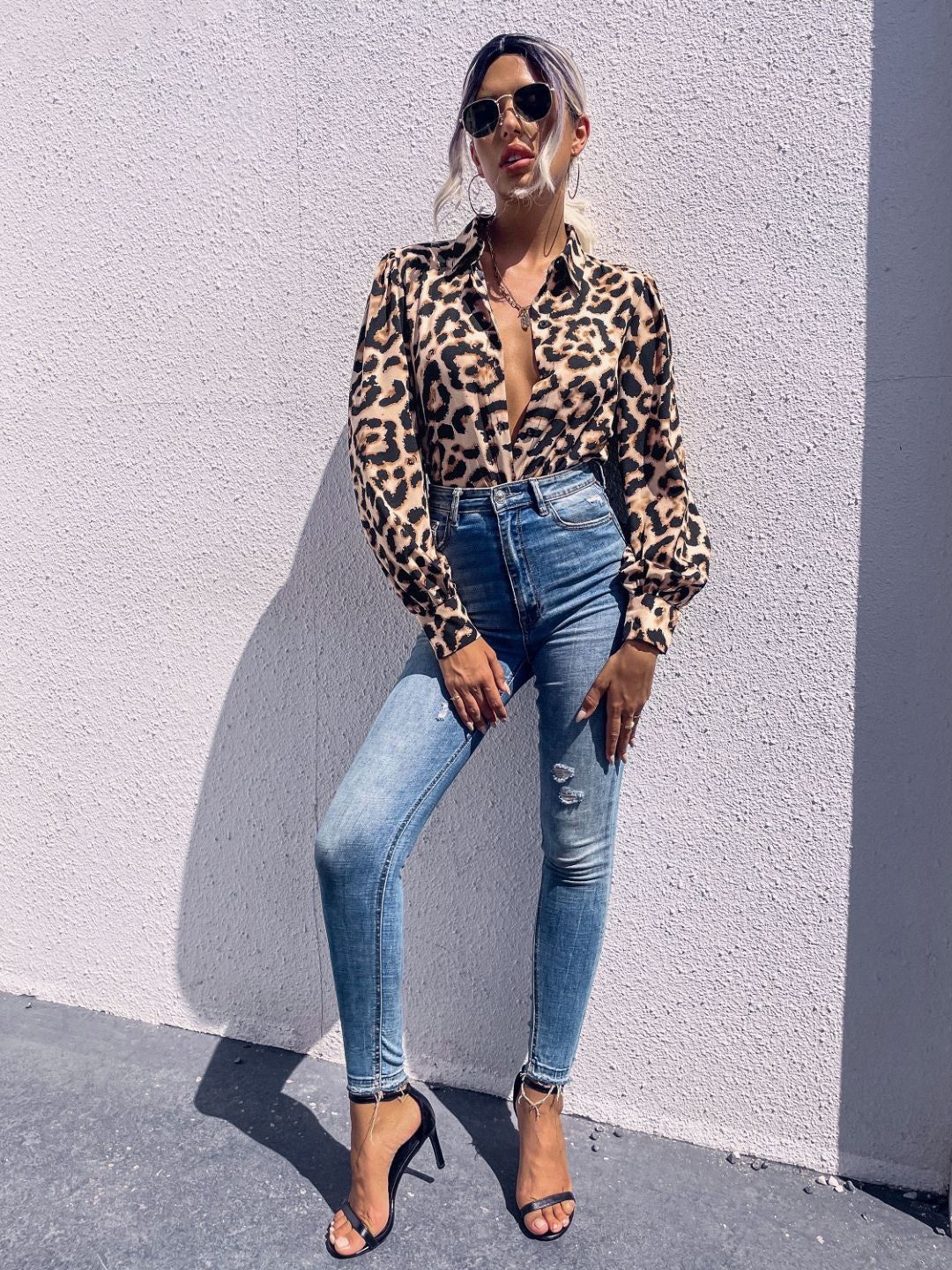 Khaki Shirt Collar Animal Long Sleeves Opaque Polyester Top