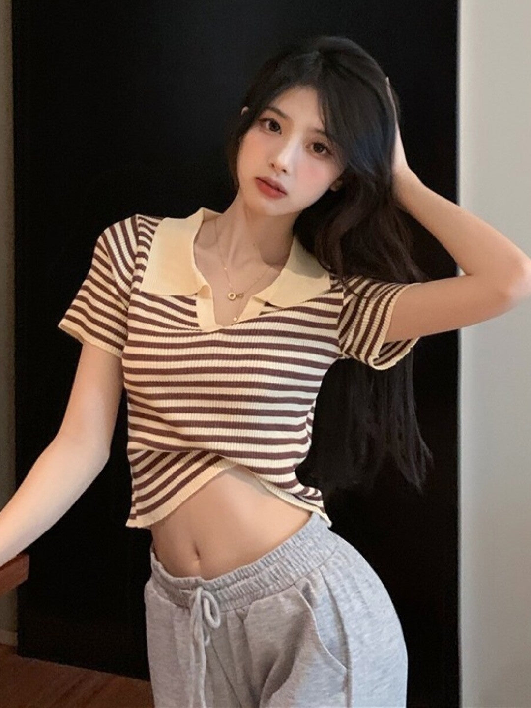 Brown Shirt Collar Short Sleeves Horizontal Stripes Top