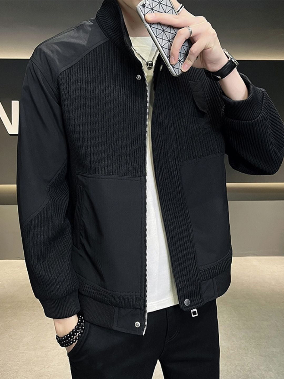 Black Spread Collar Long Sleeves Solid Polyester Open Front Jacket