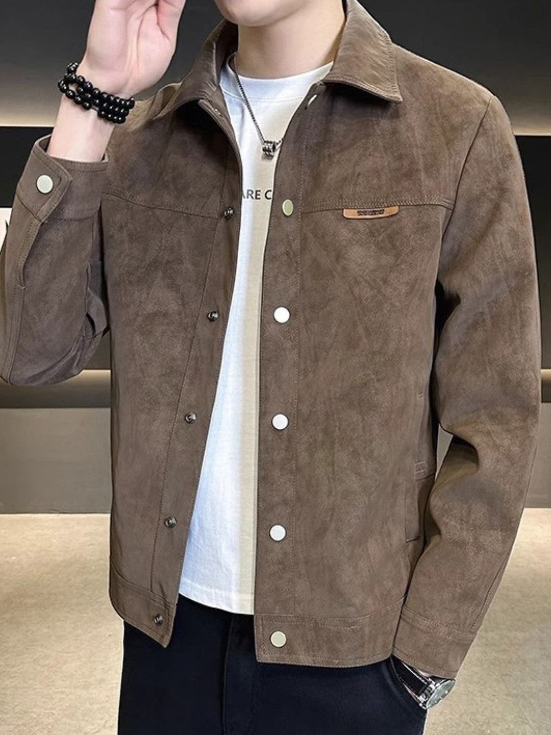 Brown Spread Collar Long Sleeves Solid Polyester Open Front Jacket