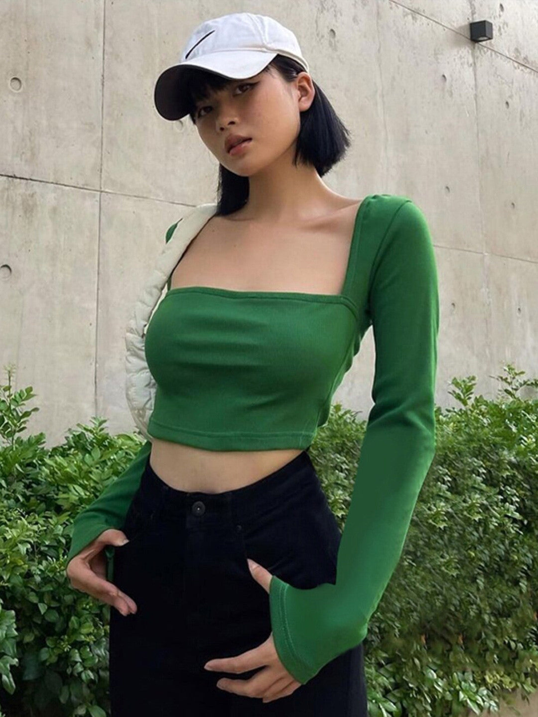 Green Square Neck Solid Sleeveless Polyester Crop Top