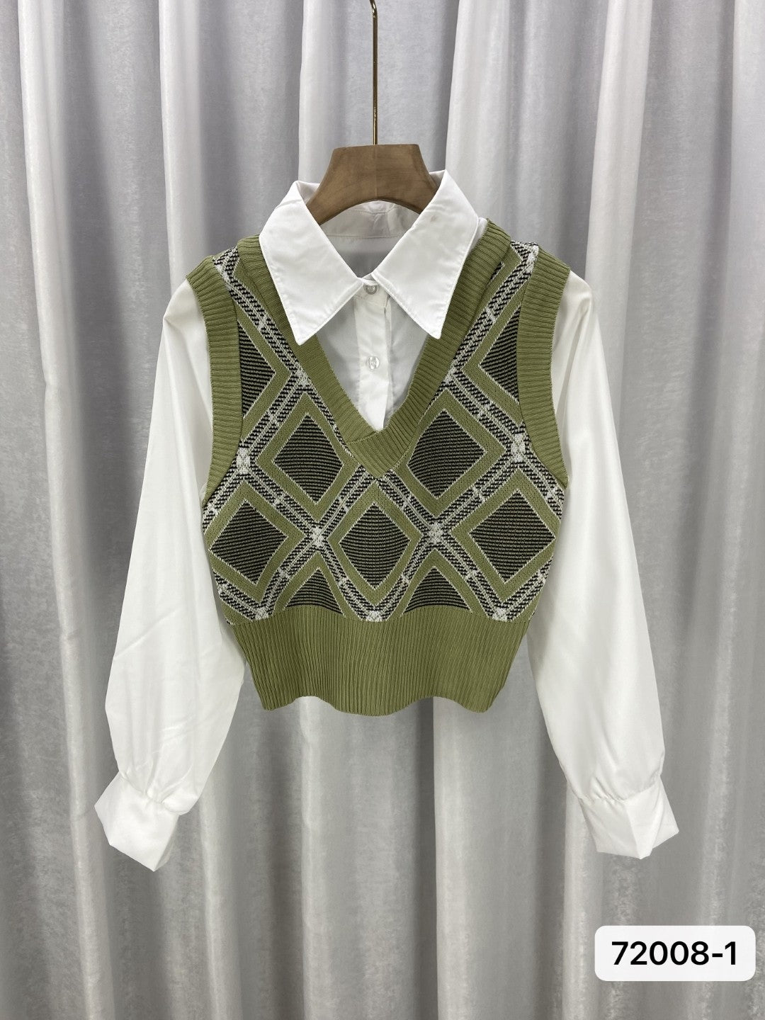 Green Viscose Rayon V-Neck Long Sleeves Checked Top