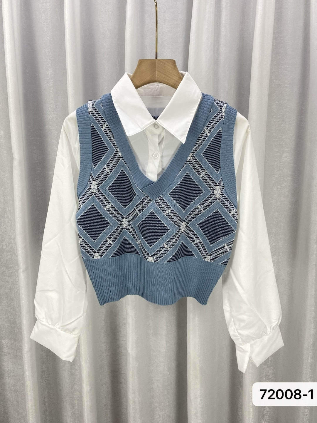 Grey Viscose Rayon V-Neck Long Sleeves Checked Top