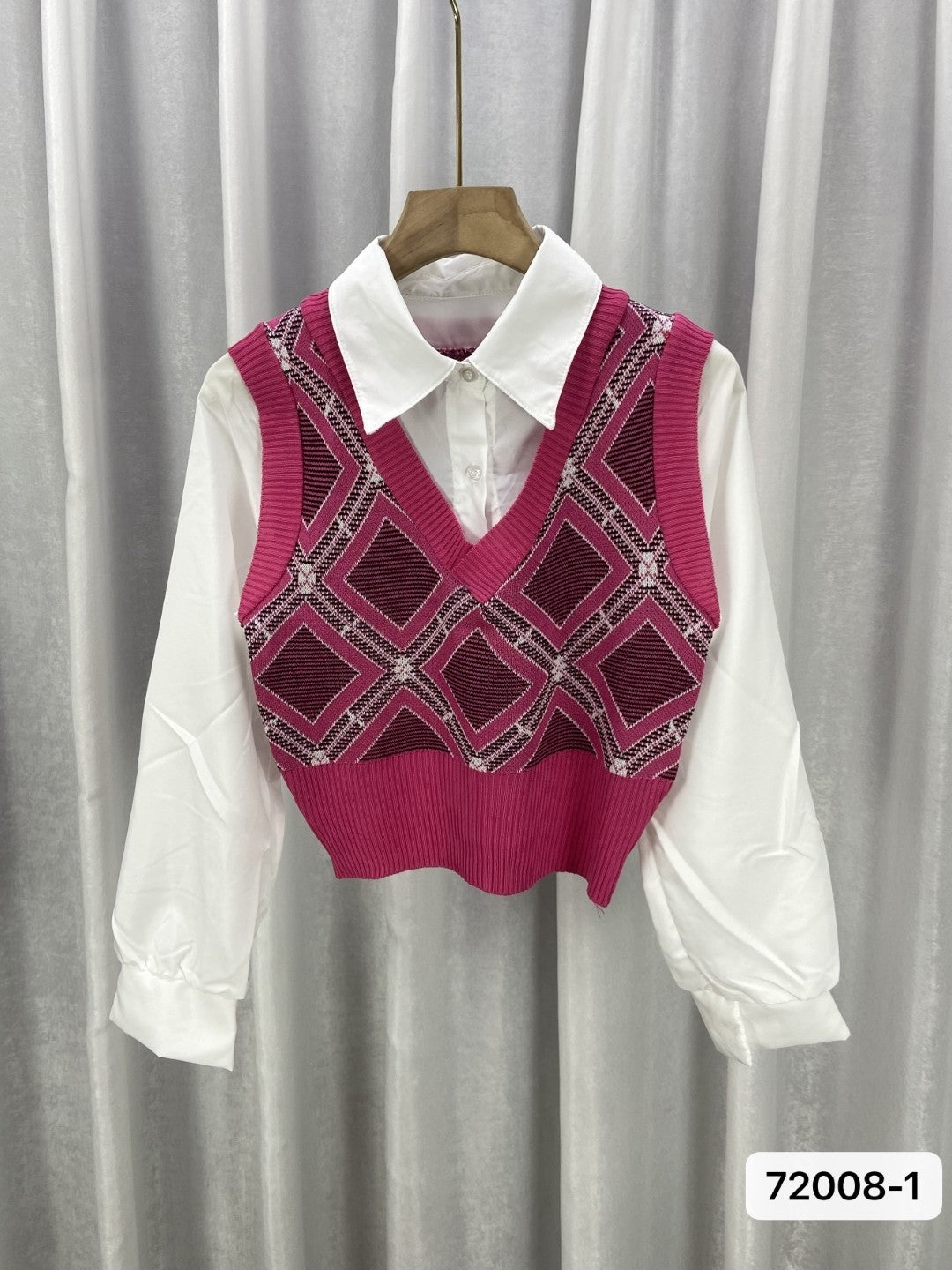 Pink Viscose Rayon V-Neck Long Sleeves Checked Top