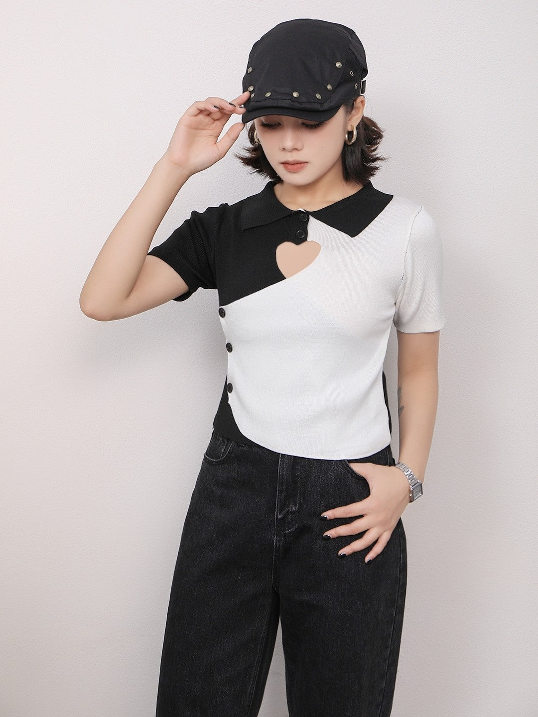 Black Shirt Collar Short Sleeves Colourblocked Top