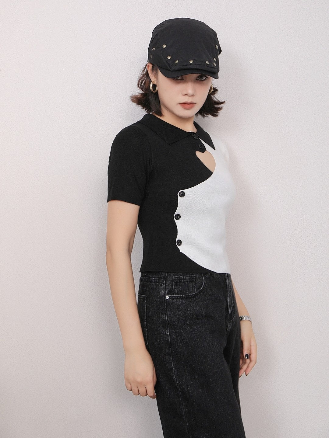 Black Shirt Collar Short Sleeves Colourblocked Top