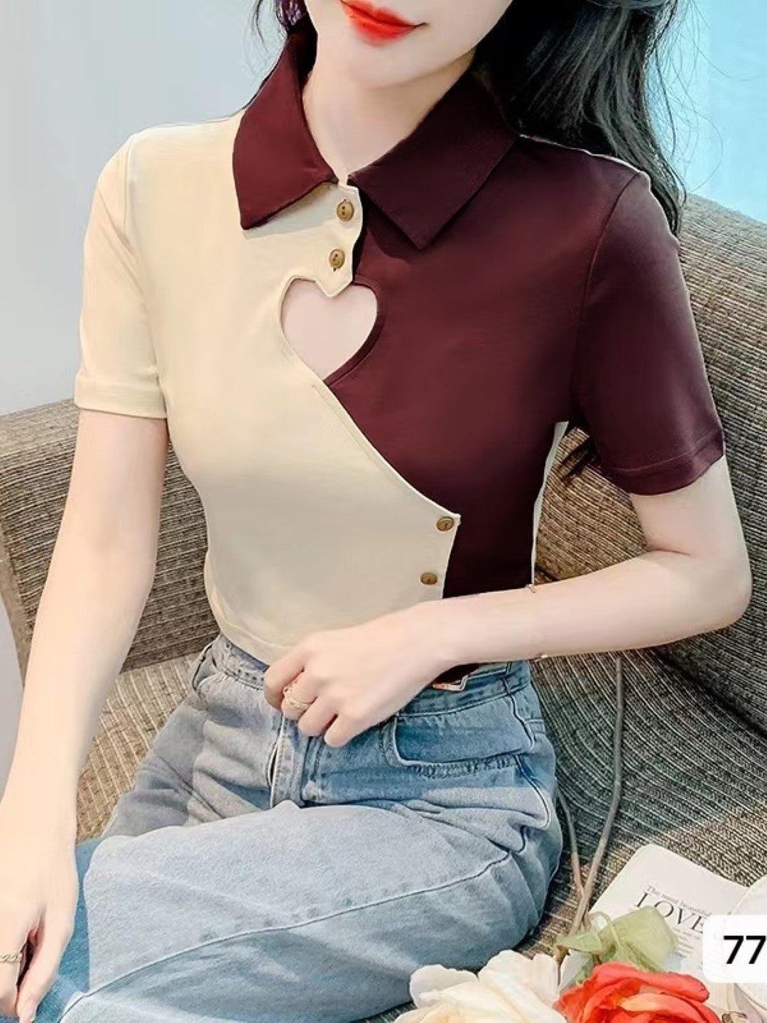 Brown Shirt Collar Short Sleeves Colourblocked Top