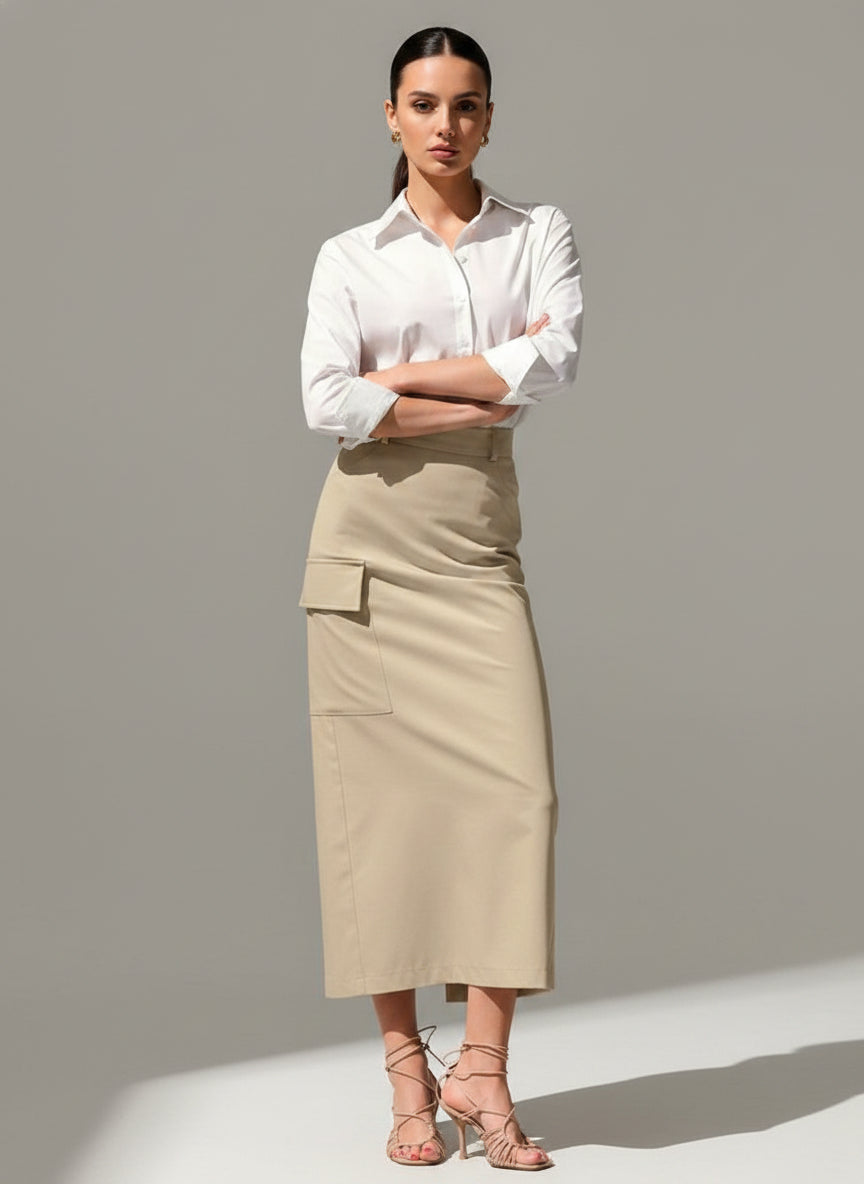 Khaki Straight Midi Skirt