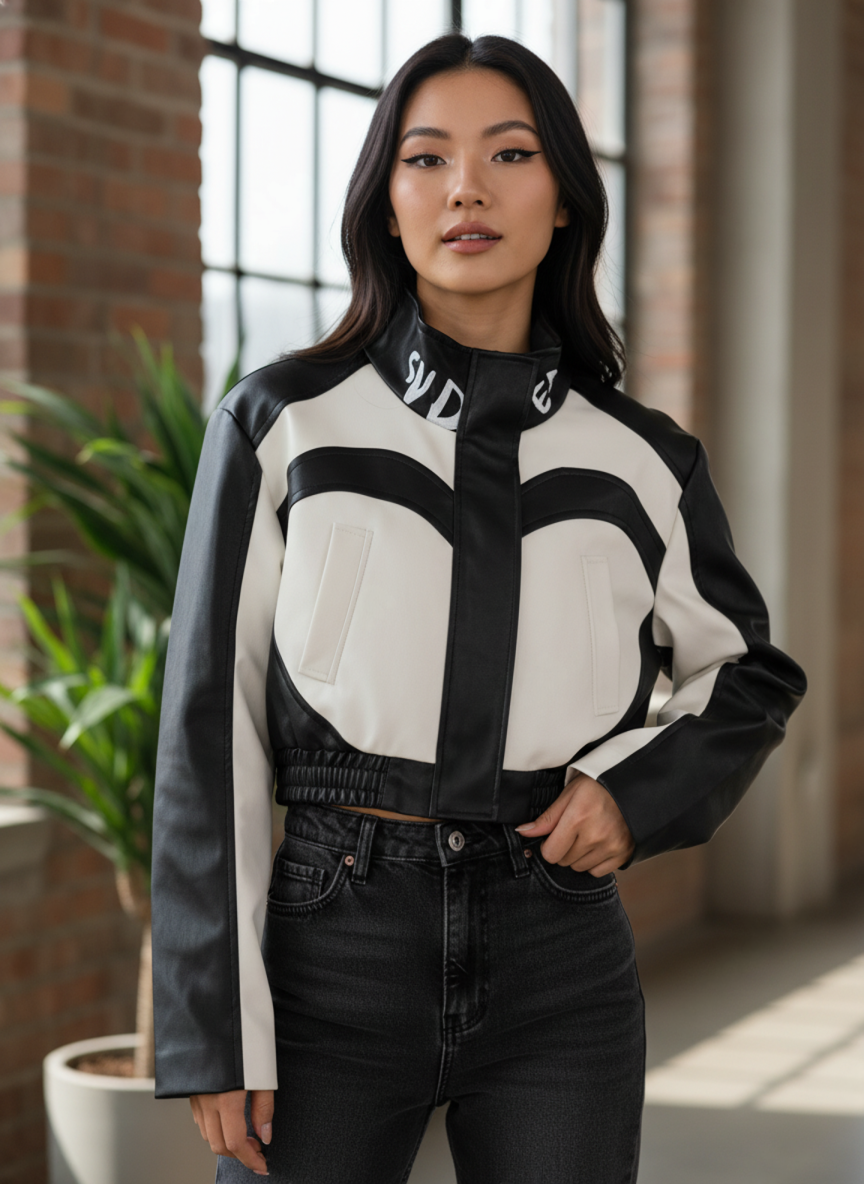 Black Collarless Long Sleeves Colourblocked Polyester Open Front Jacket