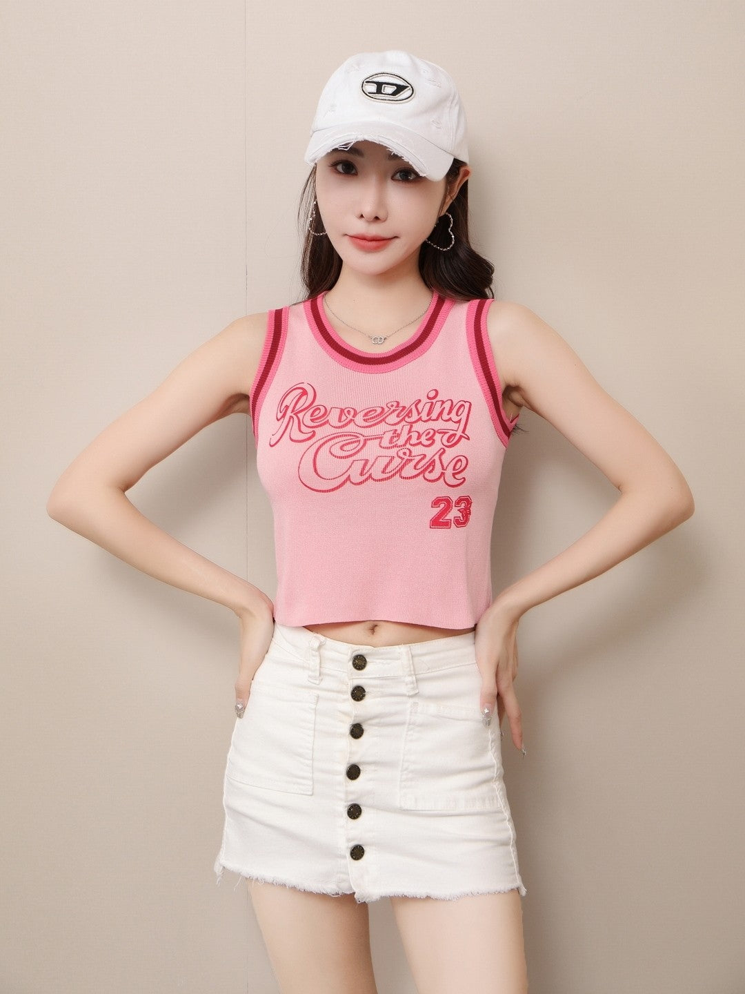 Pink Round Neck Sleeveless Typography Top