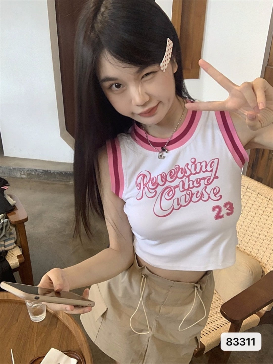 White Round Neck Sleeveless Typography Top