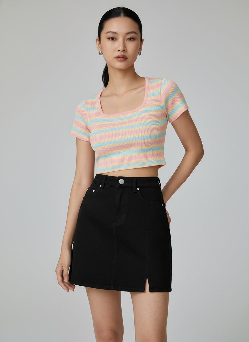 Black Cotton Front Slit Above Knee A-Line Skirt