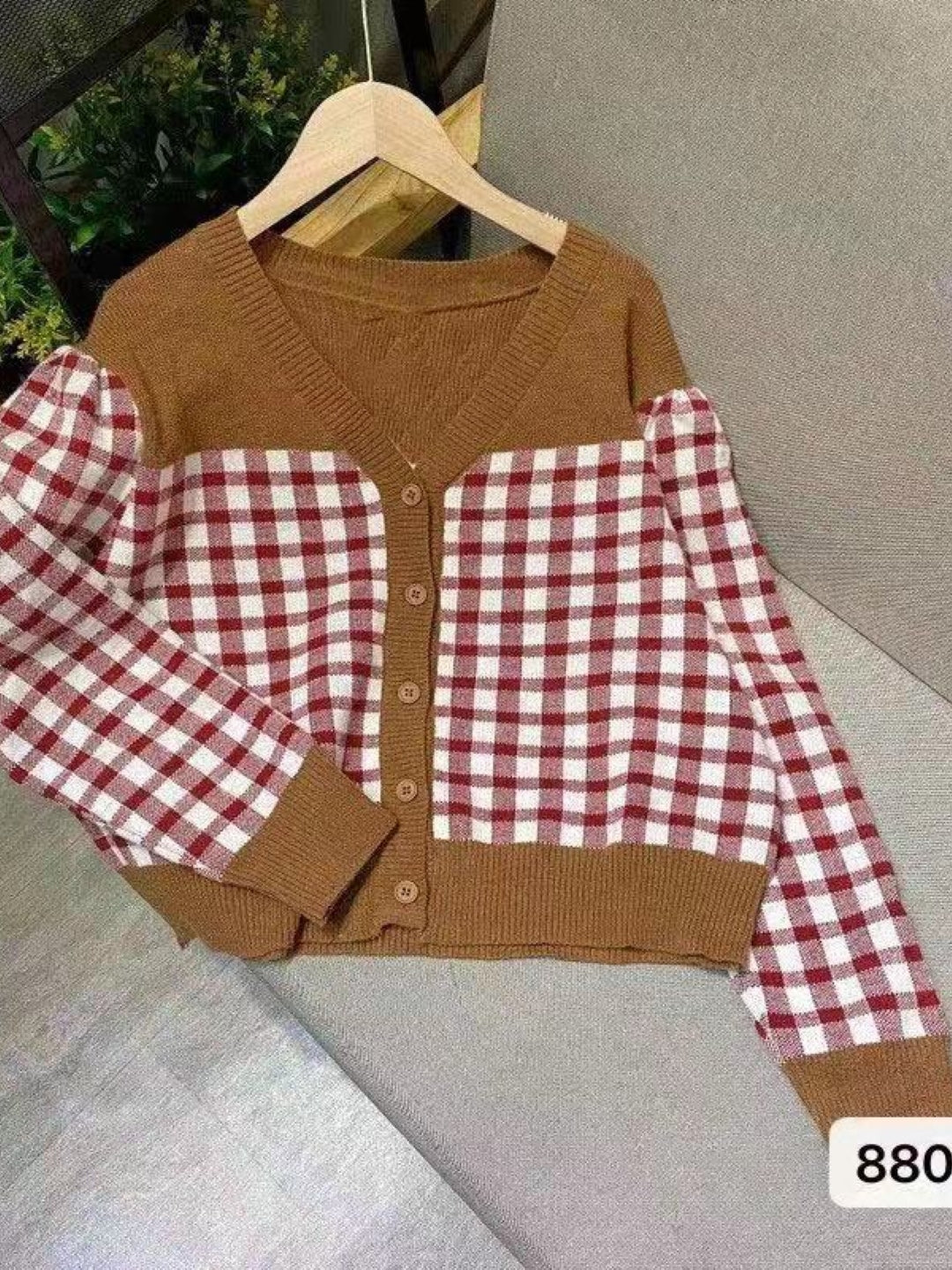 Brown V-Neck Long Sleeves Checked Regular Sleeves Acrylic Top