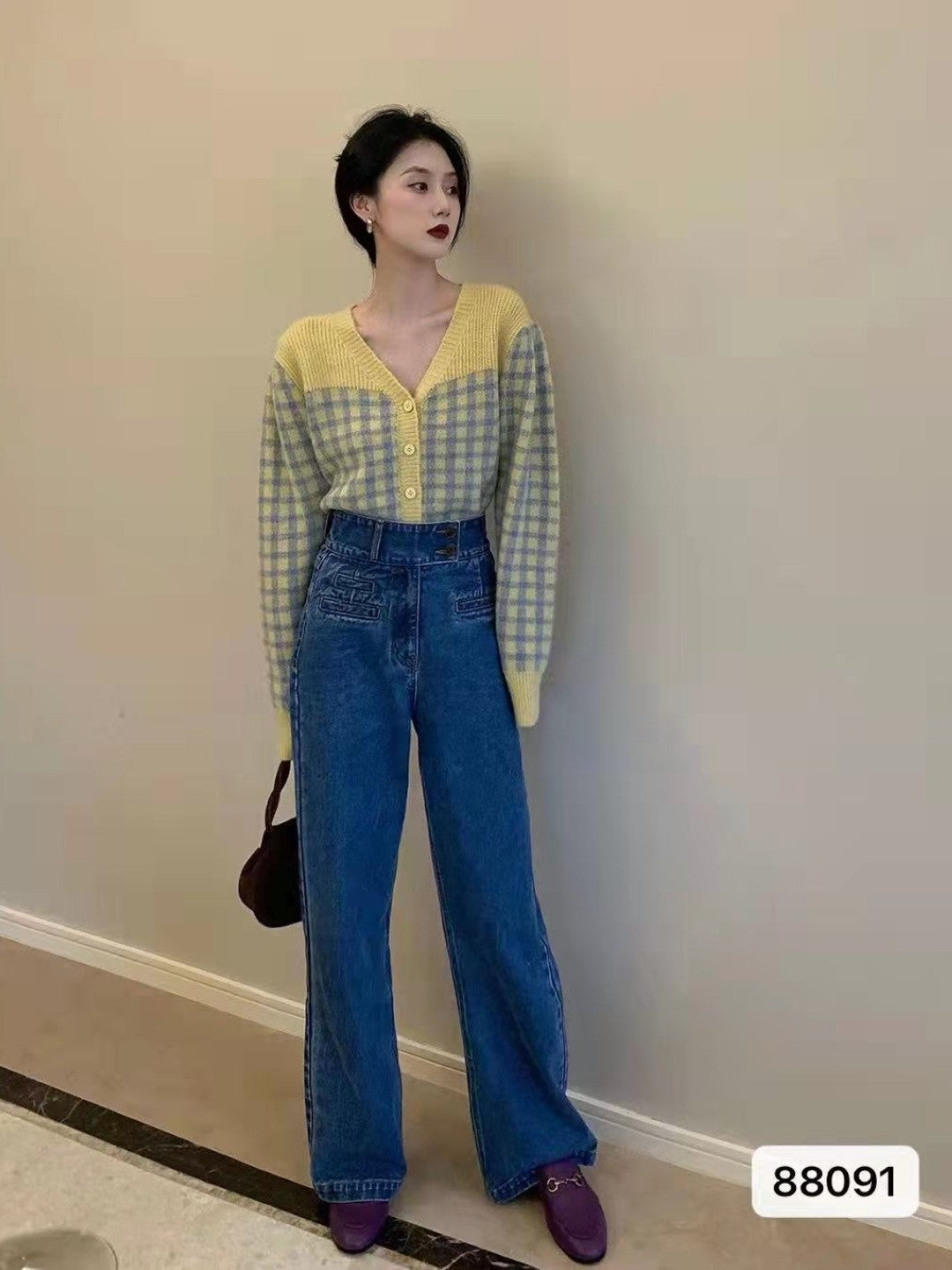 Yellow V-Neck Long Sleeves Checked Regular Sleeves Acrylic Top