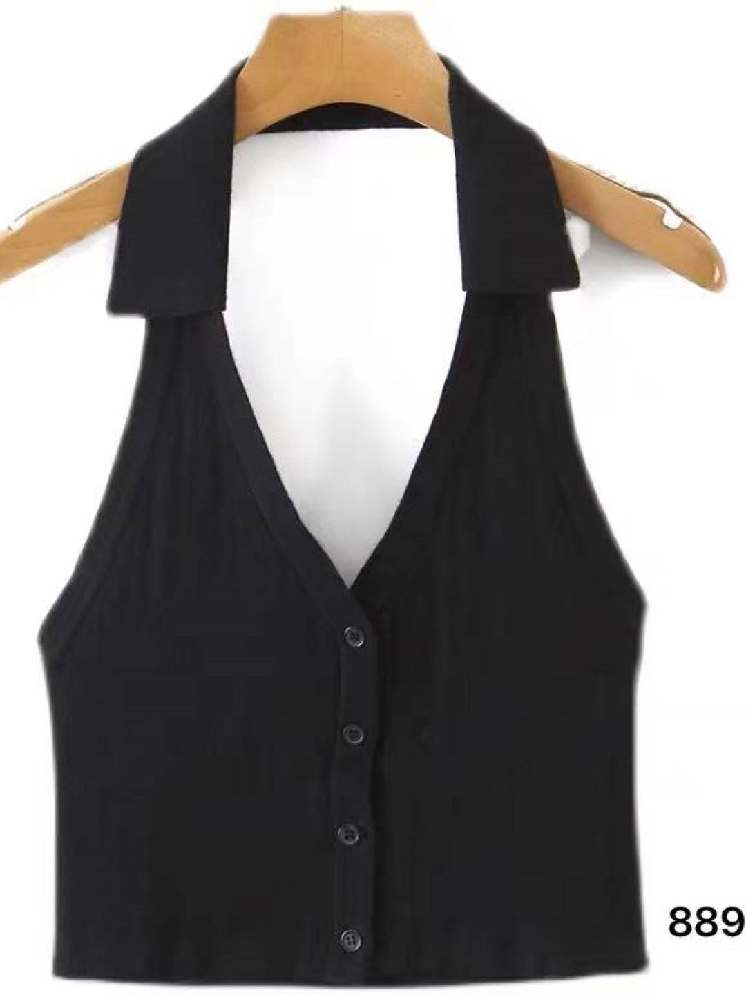 Black Shirt Collar Sleeveless Solid Top