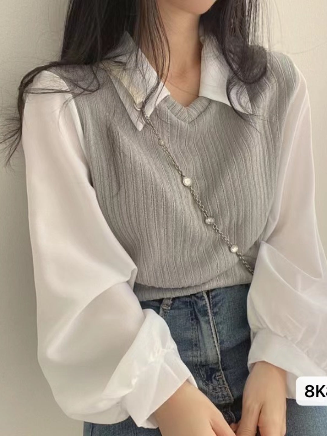 Grey Shirt Collar Long Sleeves Solid Top