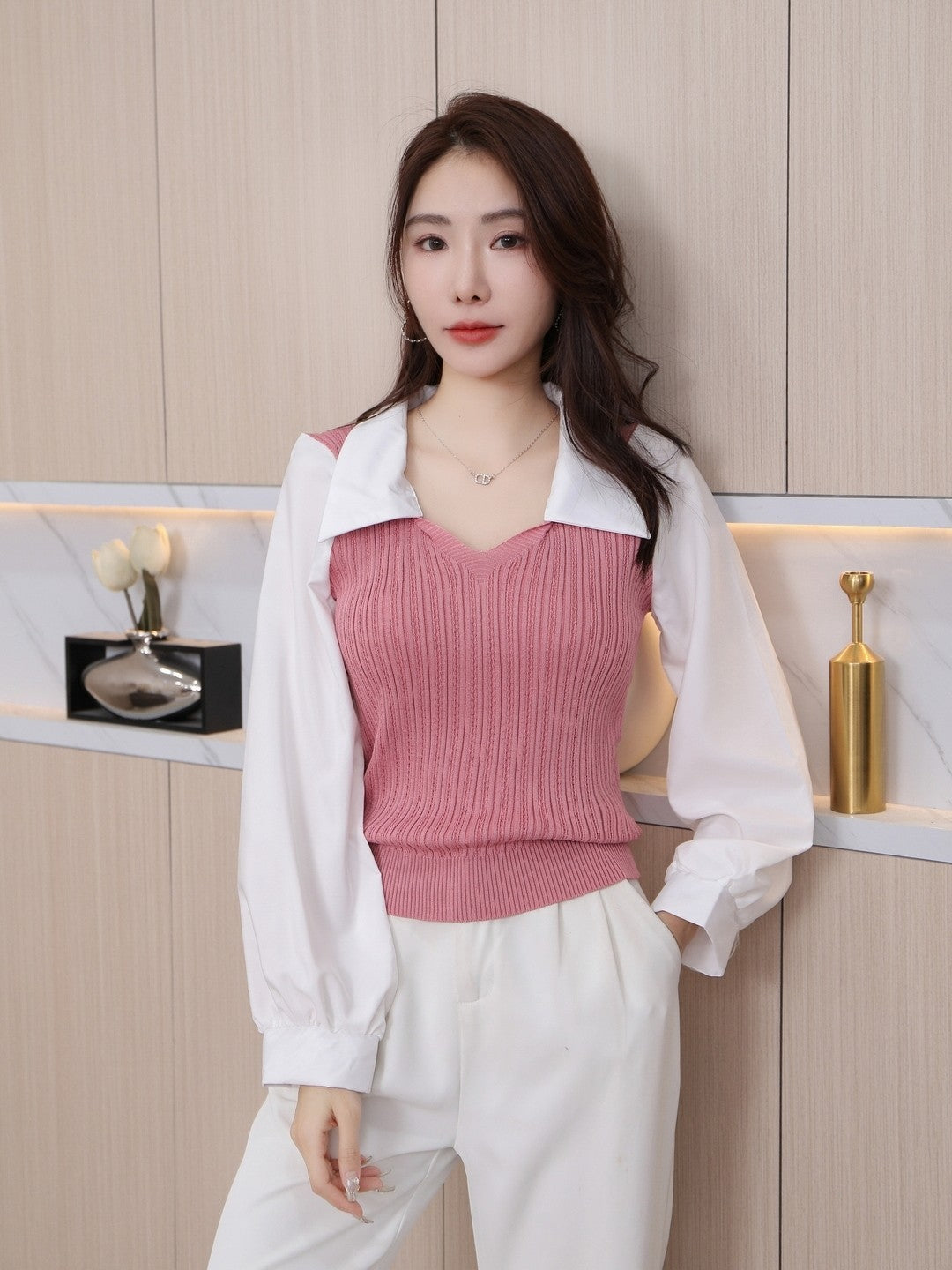 Pink Shirt Collar Long Sleeves Solid Top
