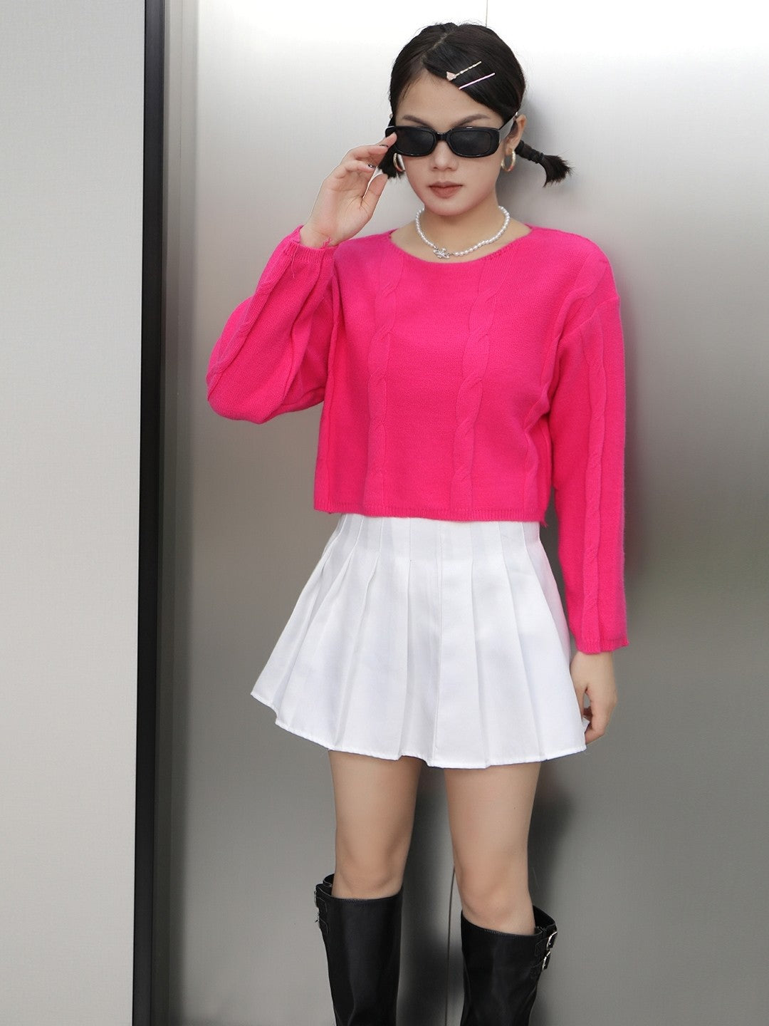 Pink Acrylic Round Neck Long Sleeves Solid Top