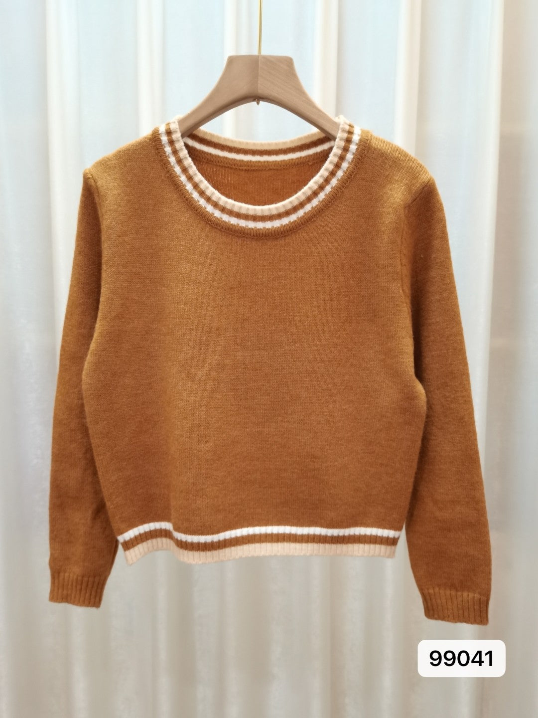 Light Brown Round Neck Long Sleeves Solid Top